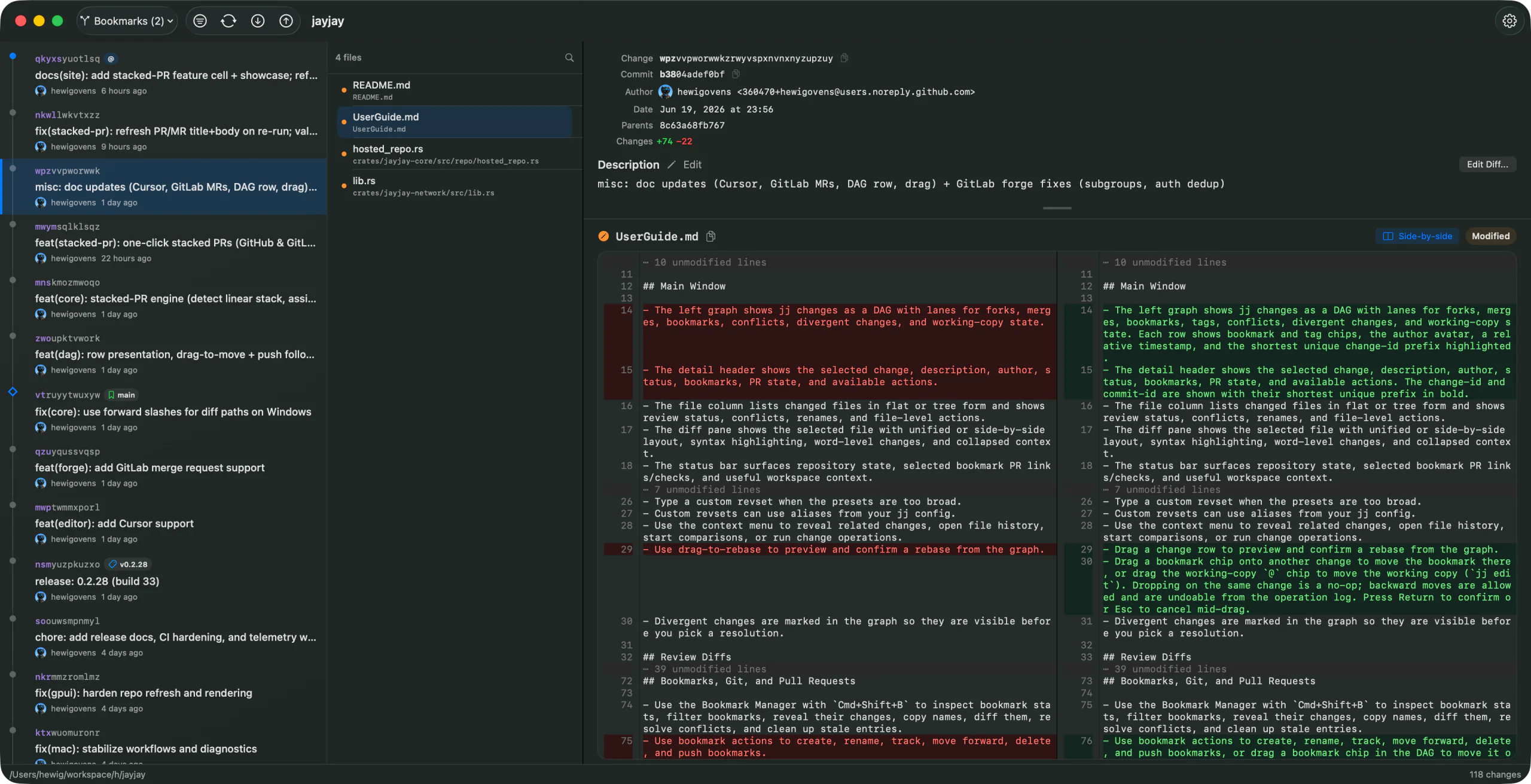 JayJay main window — DAG graph and side-by-side diff