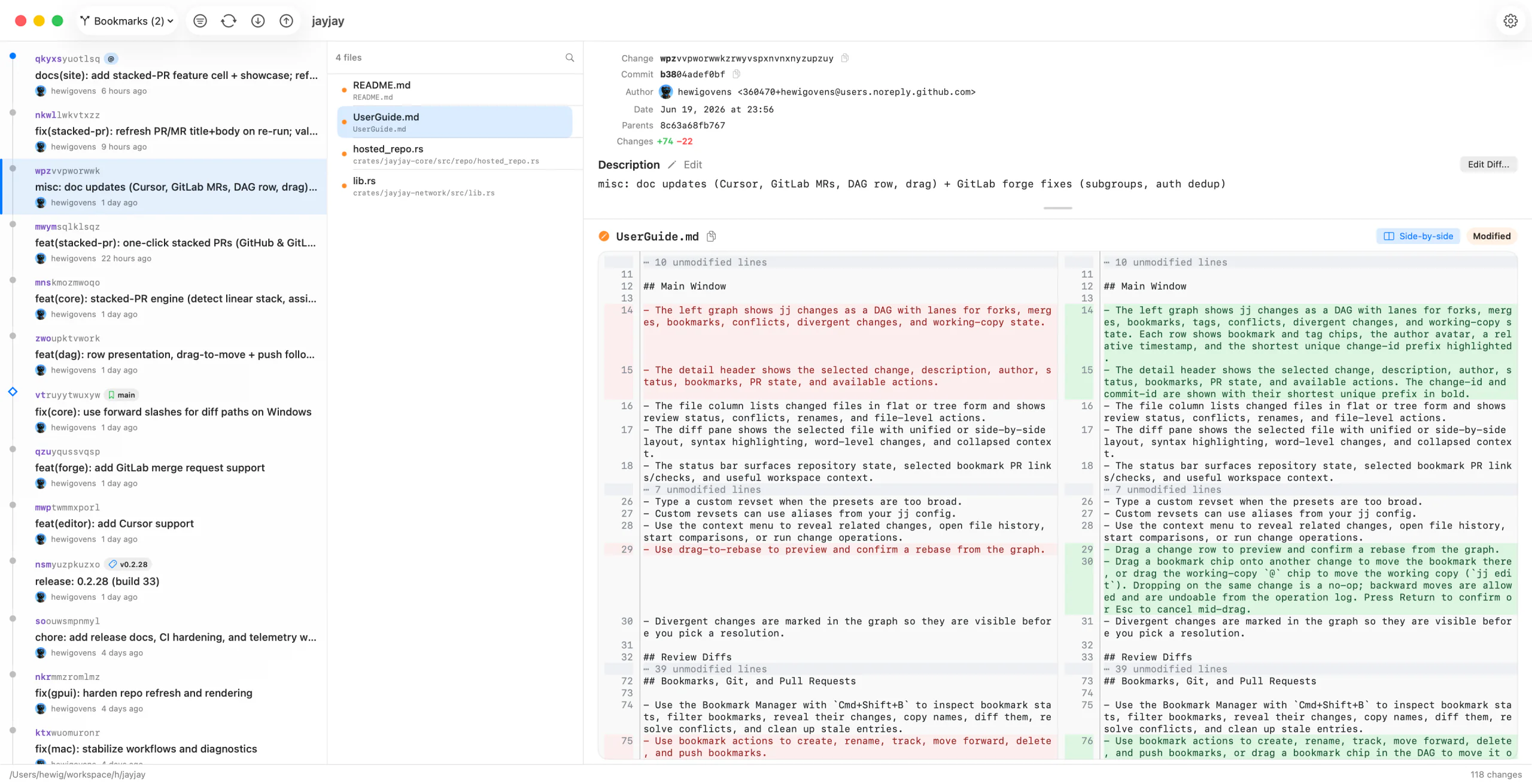 JayJay main window — DAG graph and side-by-side diff