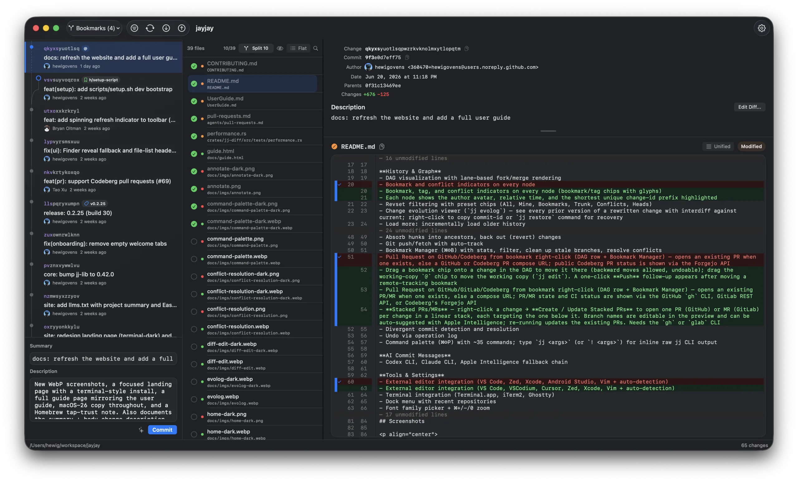 Working-copy review with per-file review checkboxes