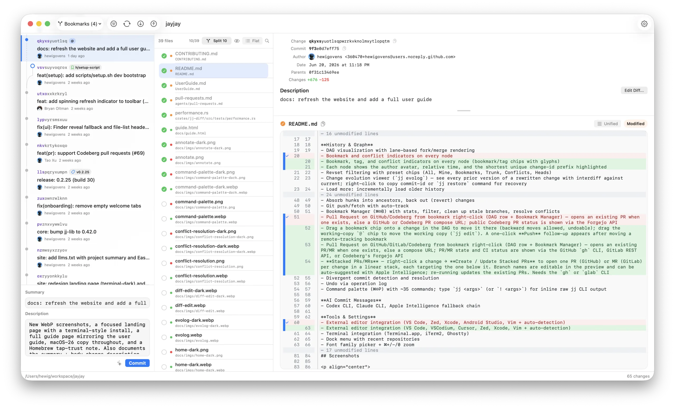 Working-copy review with per-file review checkboxes