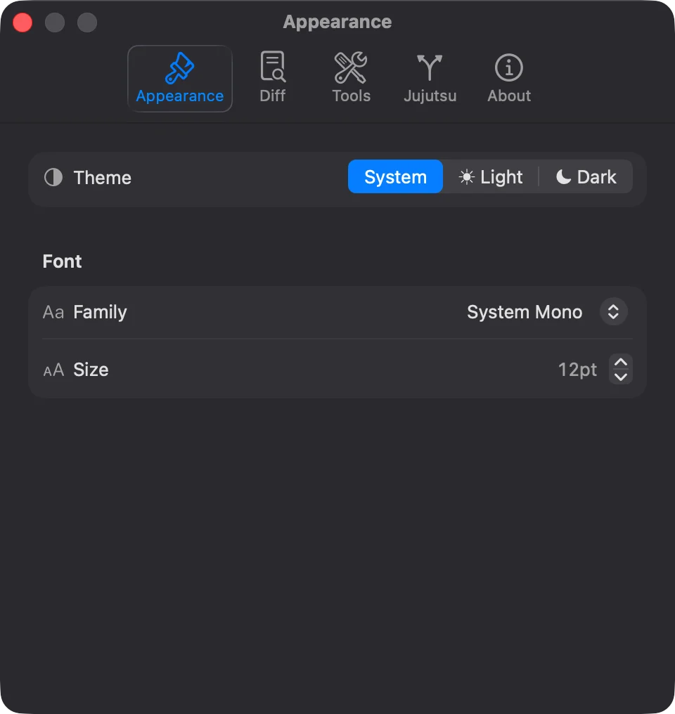JayJay Settings appearance panel