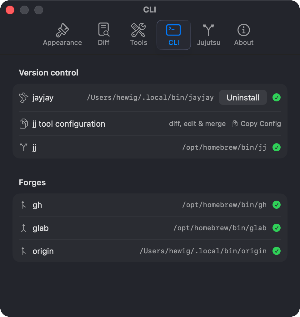 JayJay Settings CLI panel