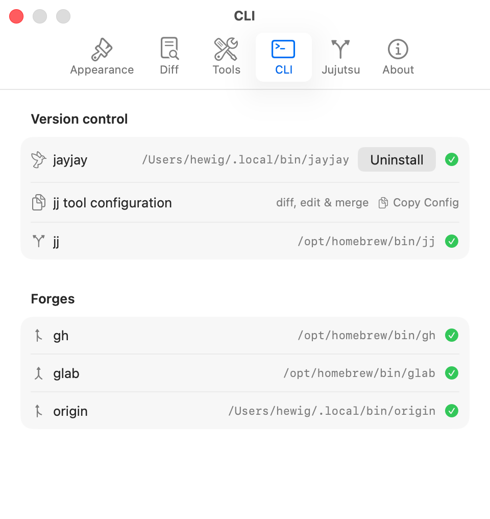 JayJay Settings CLI panel