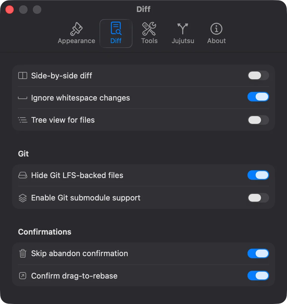 JayJay Settings diff panel