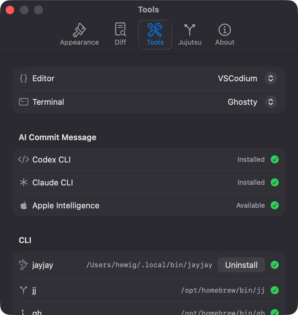JayJay Settings tools panel