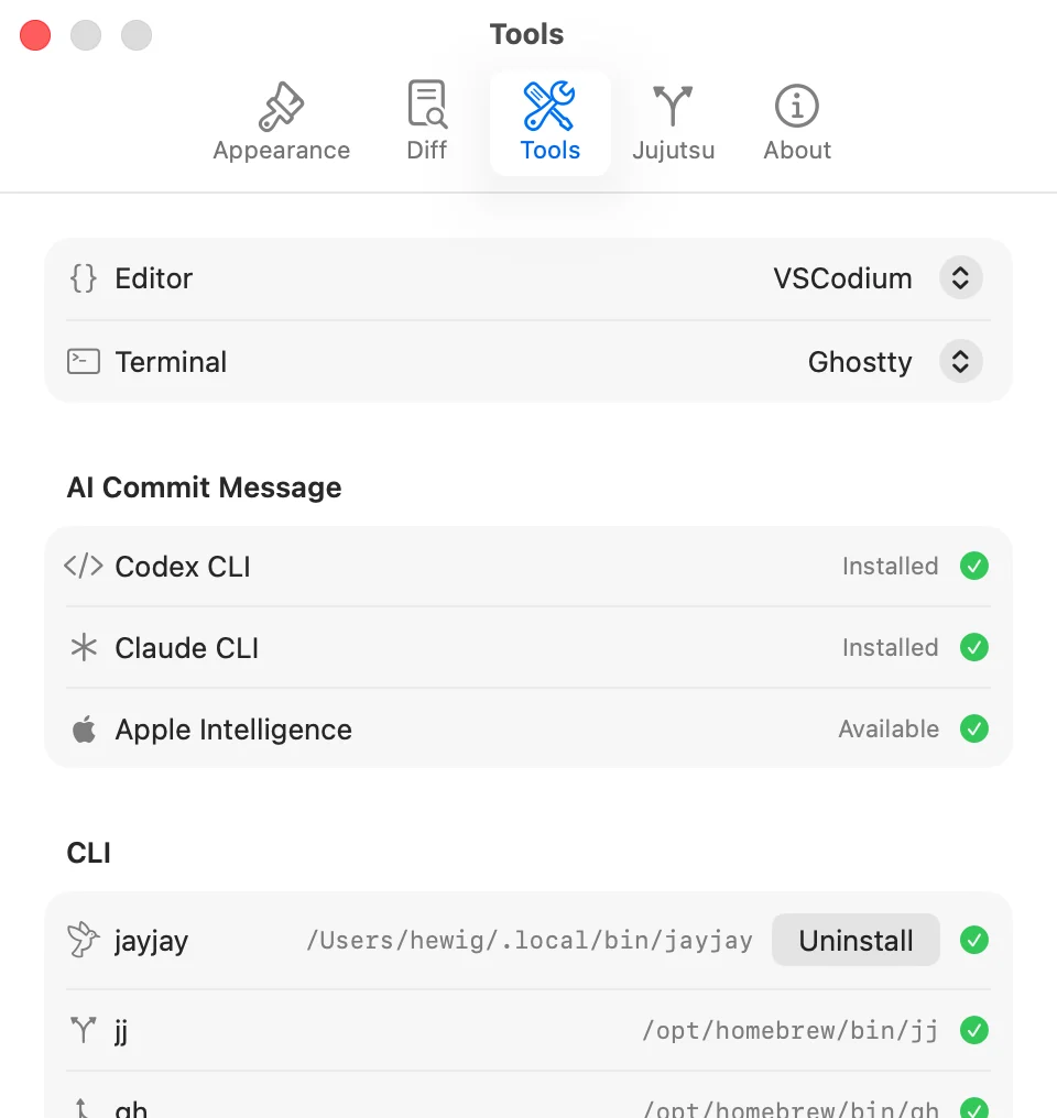 JayJay Settings tools panel