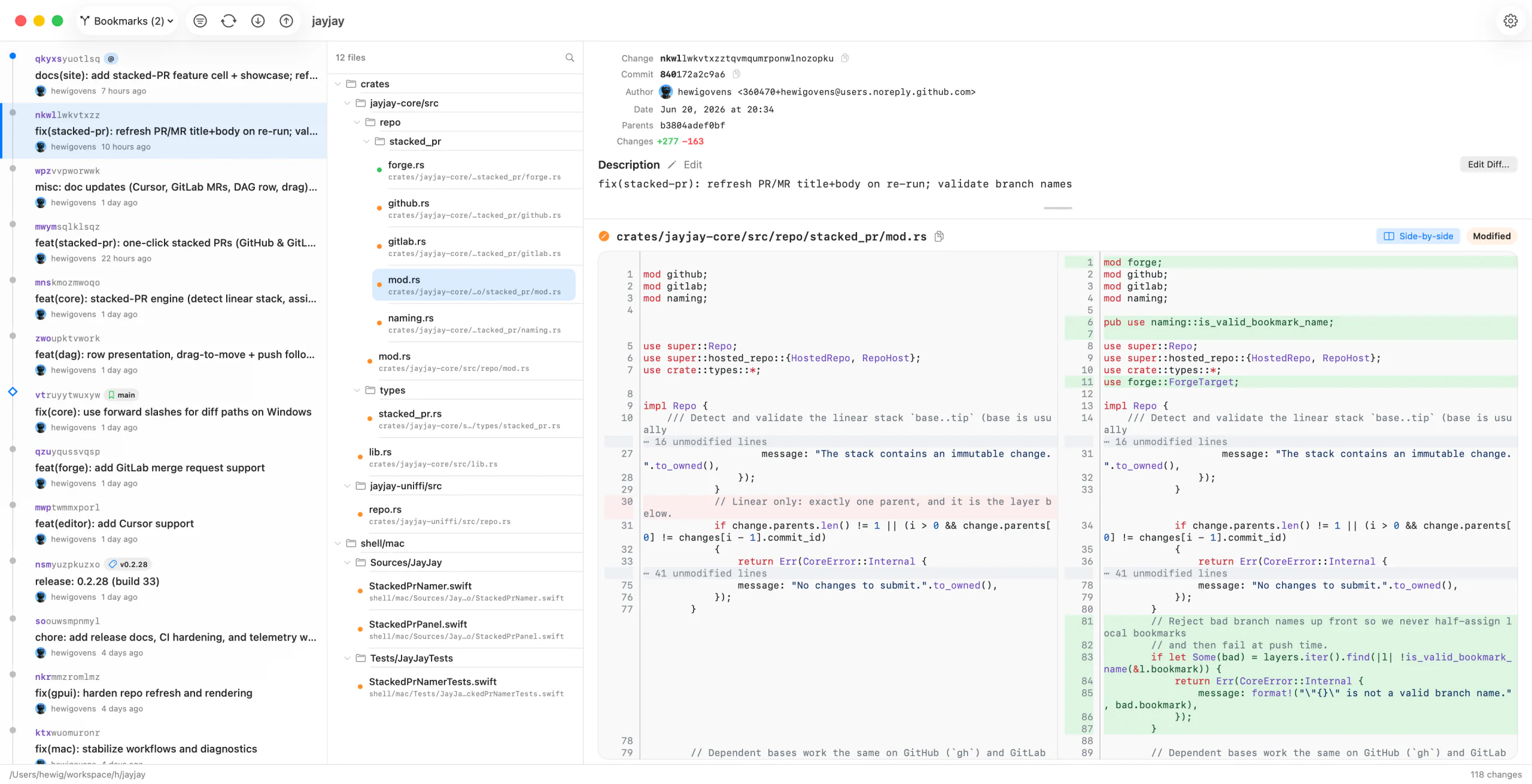 Side-by-side diff with file tree