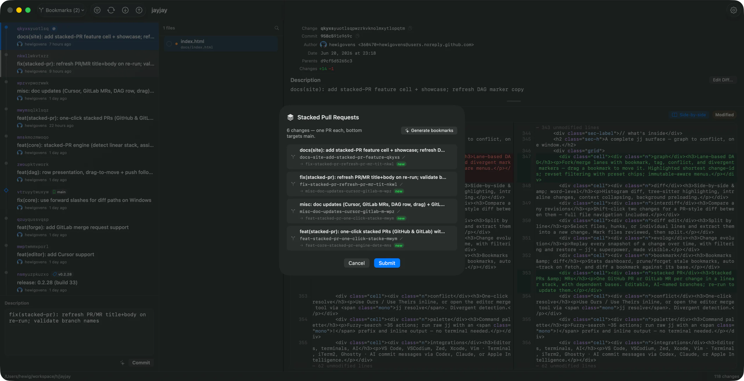 Stacked PRs preview with editable branch names