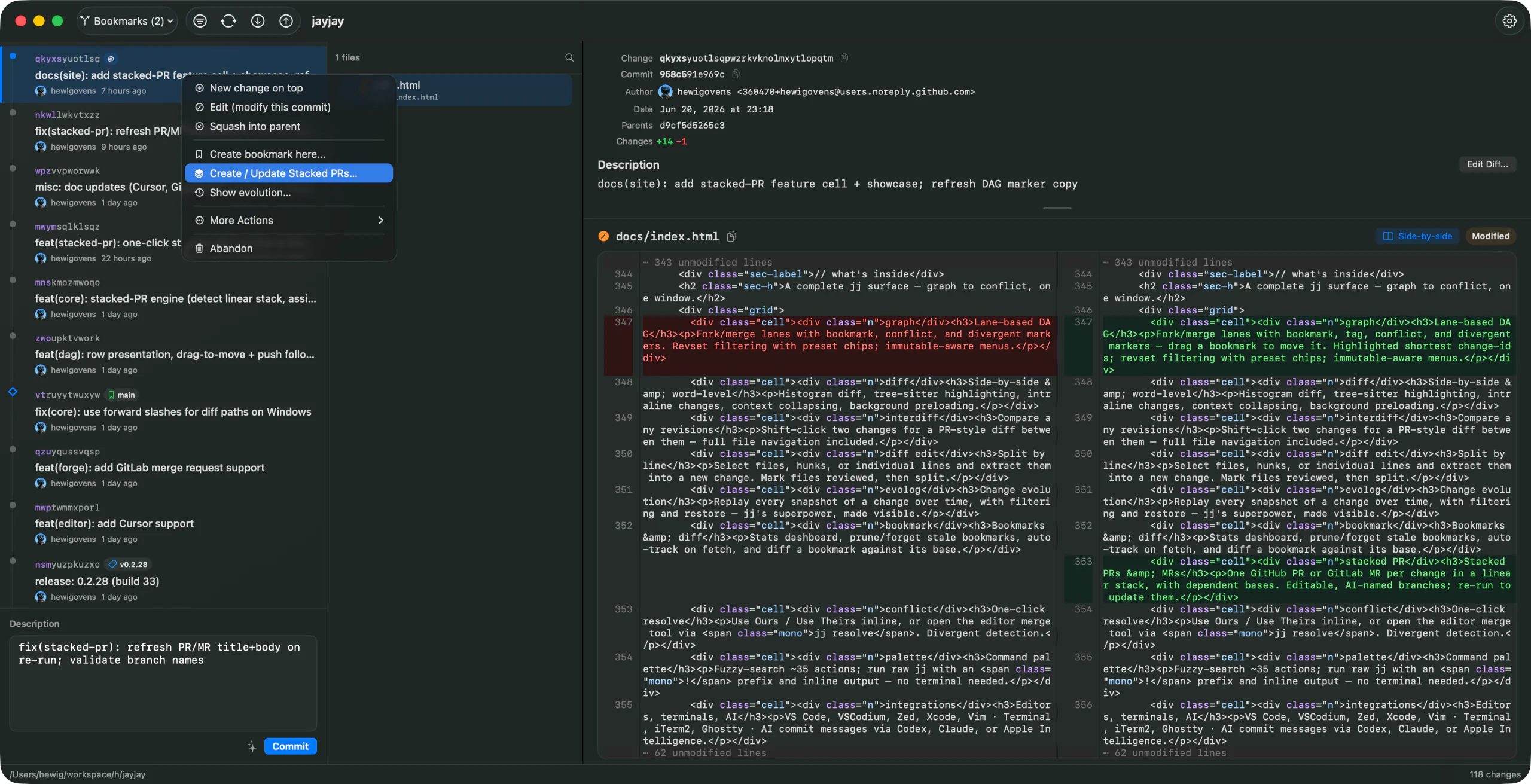 Create / Update Stacked PRs menu item