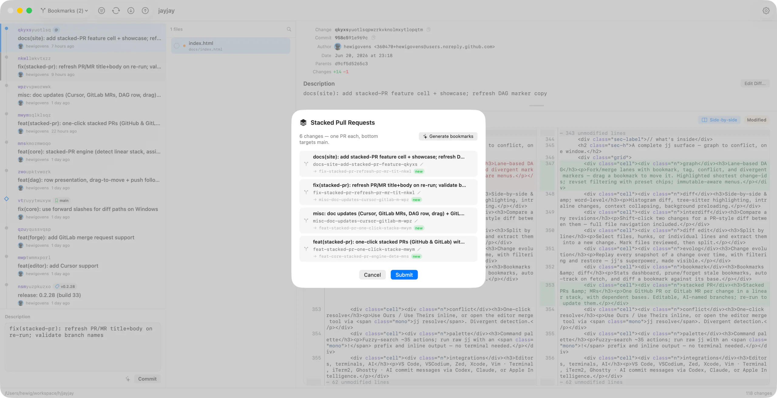 Stacked PRs preview with editable branch names